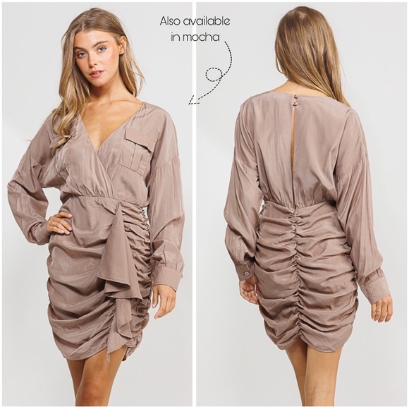 Tencel Deep V Neck Ruched Dress with Ruffle - Picture 3 of 3